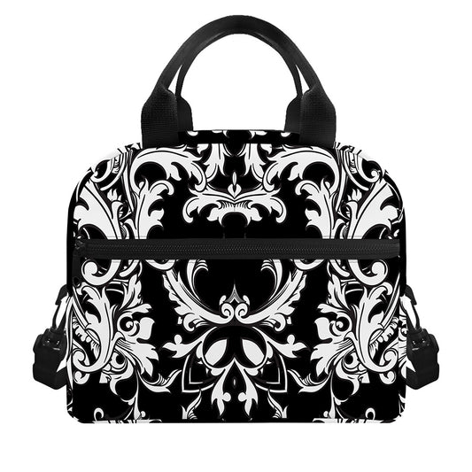 Black And White Damask Pattern Print Insulated Lunch Bag
