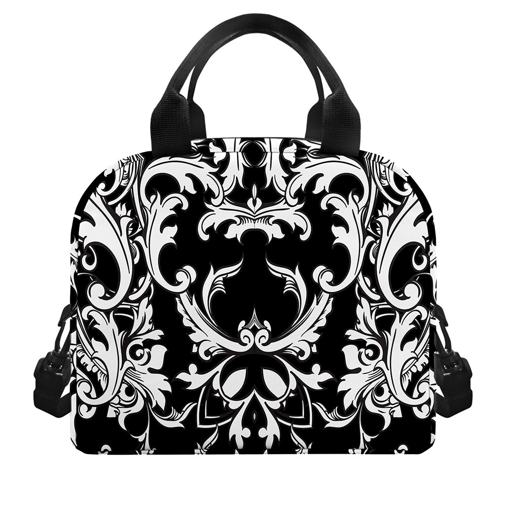 Black And White Damask Pattern Print Insulated Lunch Bag
