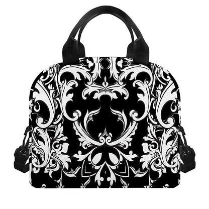 Black And White Damask Pattern Print Insulated Lunch Bag
