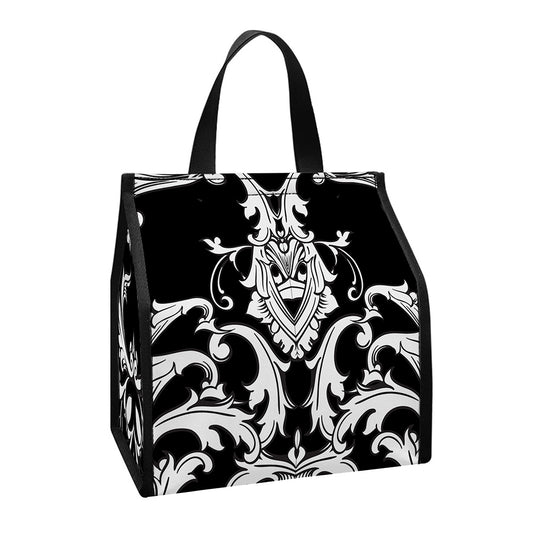 Black And White Damask Pattern Print Insulated Lunch Tote