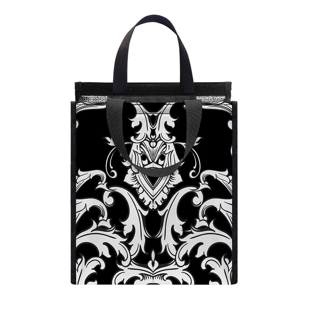Black And White Damask Pattern Print Insulated Lunch Tote