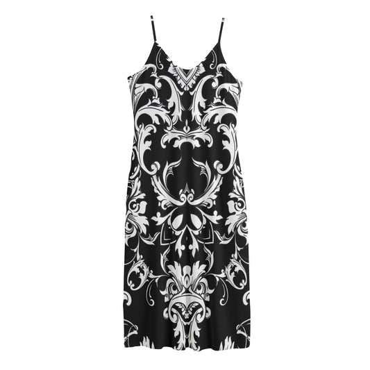 Black And White Damask Pattern Print Jersey Midi Cami Dress