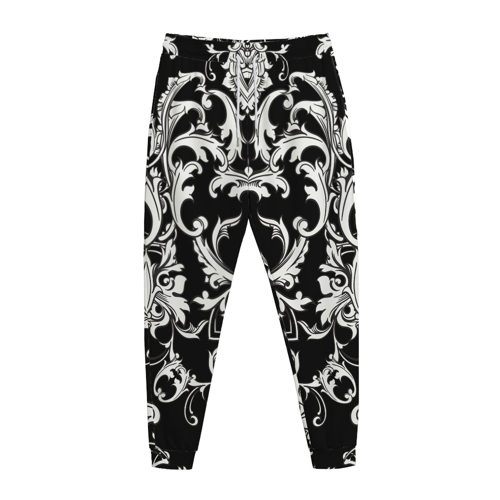 Black And White Damask Pattern Print Jogger Pants