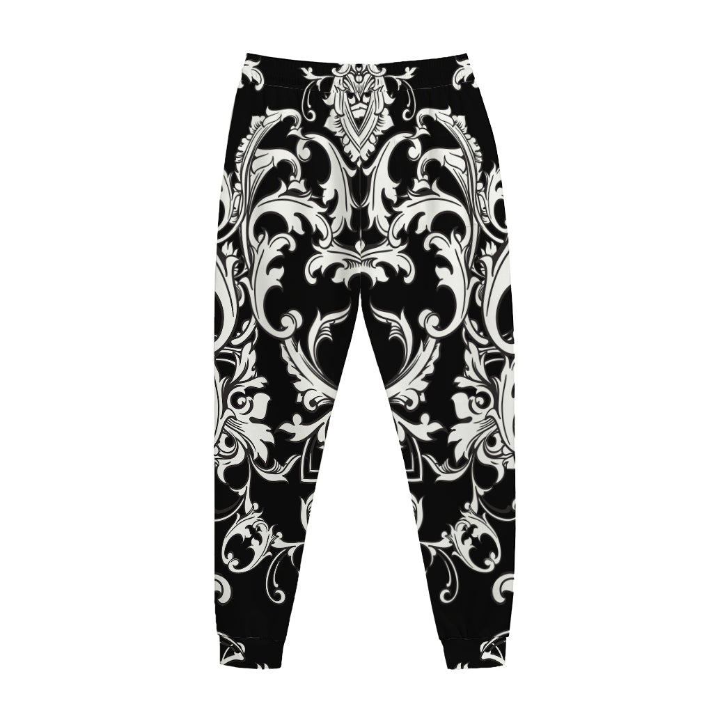 Black And White Damask Pattern Print Jogger Pants