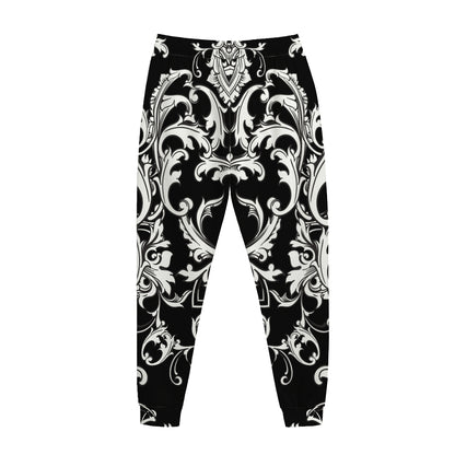 Black And White Damask Pattern Print Jogger Pants