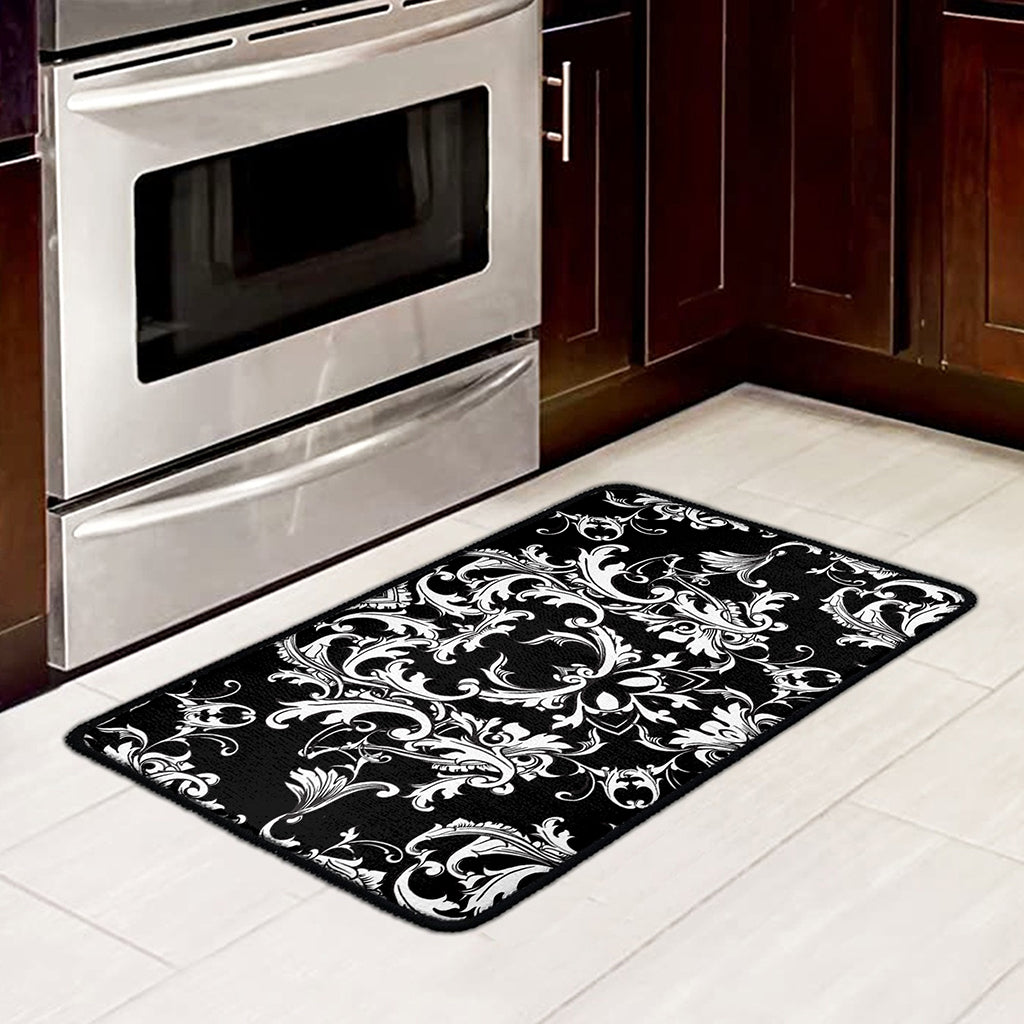 Black And White Damask Pattern Print Kitchen Mat