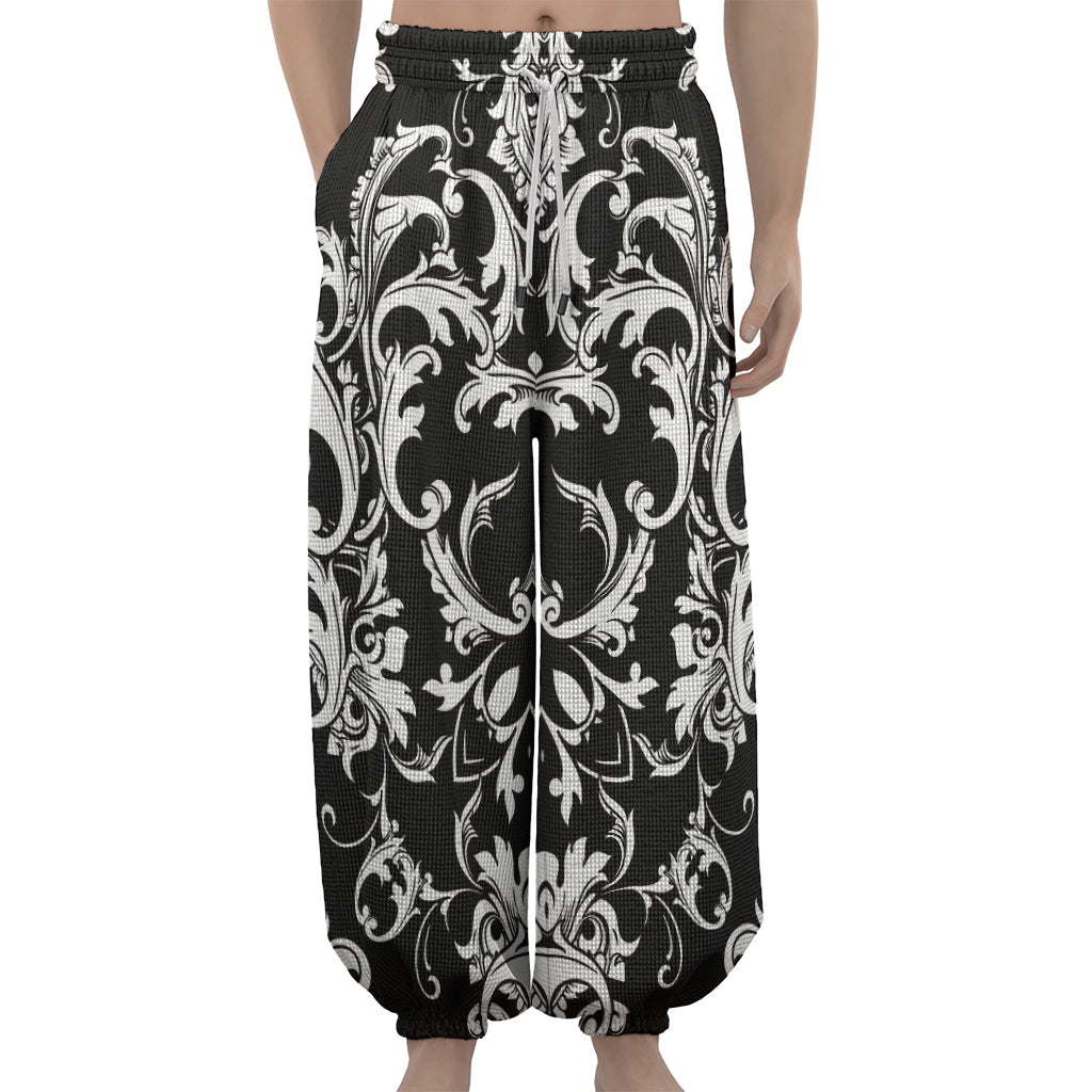 Black And White Damask Pattern Print Lantern Pants