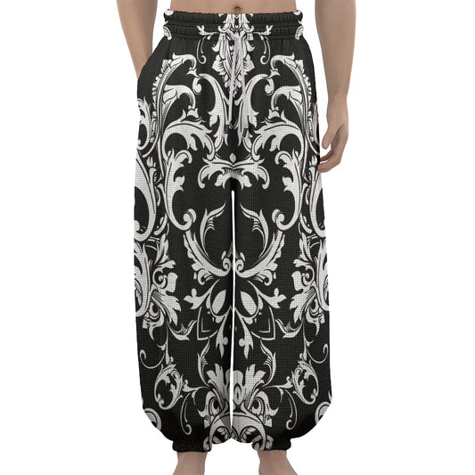 Black And White Damask Pattern Print Lantern Pants