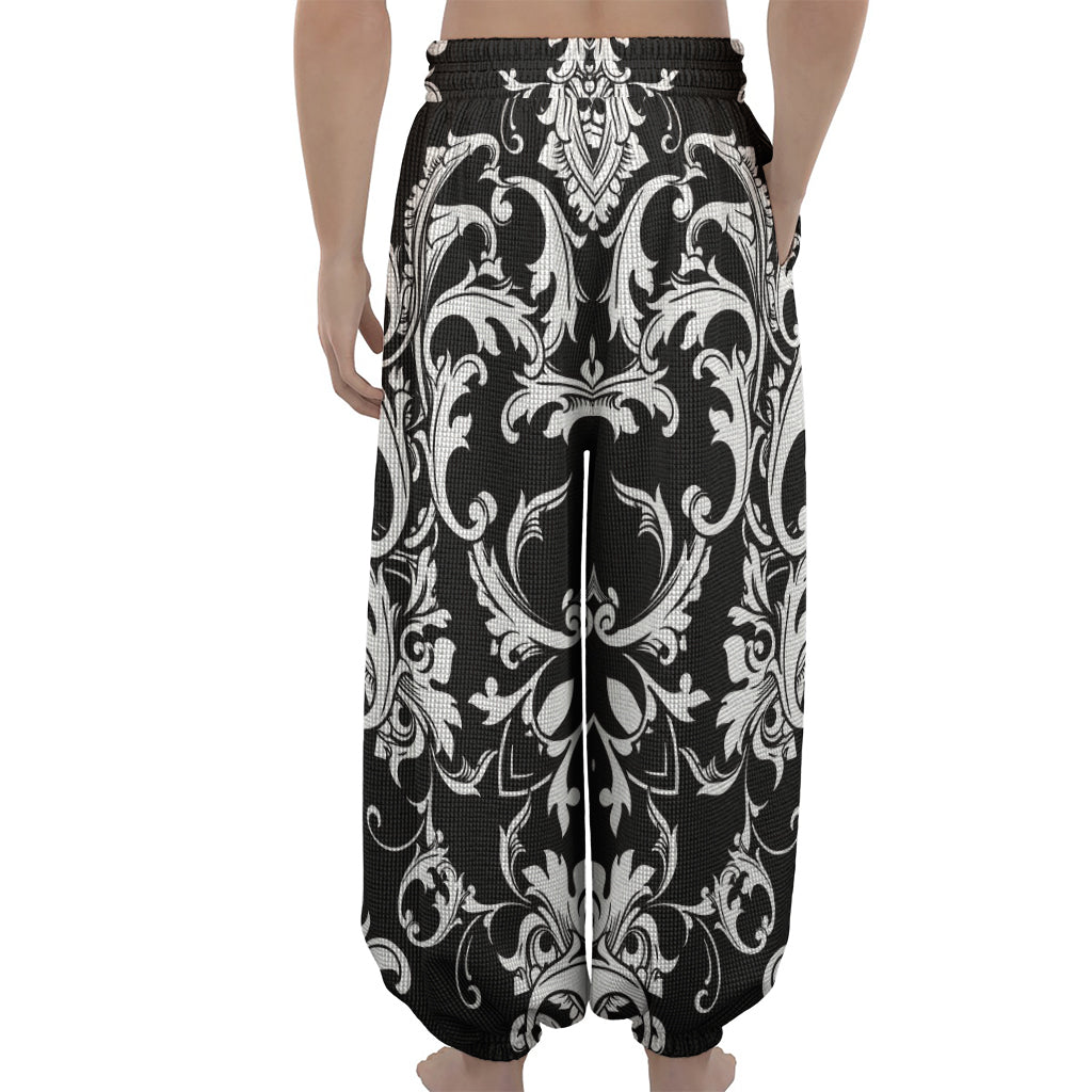 Black And White Damask Pattern Print Lantern Pants