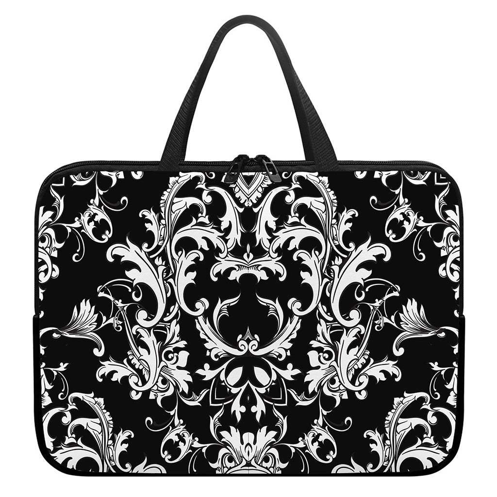 Black And White Damask Pattern Print Laptop Sleeve With Handle