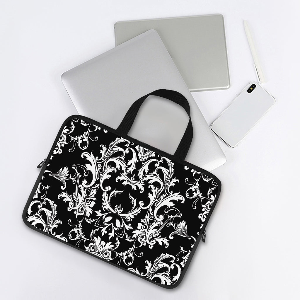 Black And White Damask Pattern Print Laptop Sleeve With Handle
