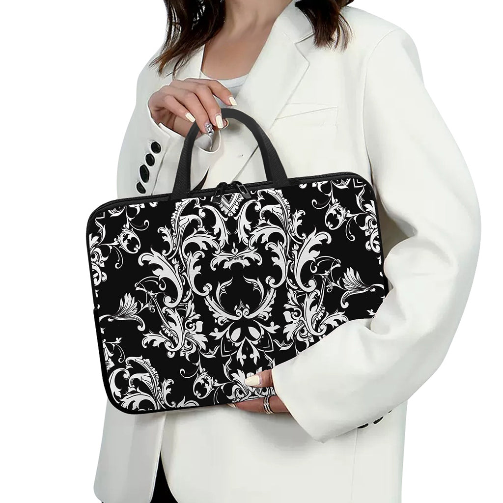 Black And White Damask Pattern Print Laptop Sleeve With Handle