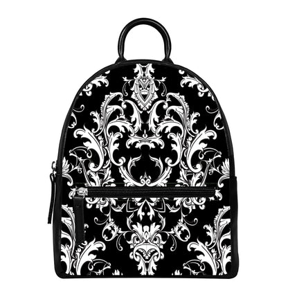 Black And White Damask Pattern Print Leather Backpack