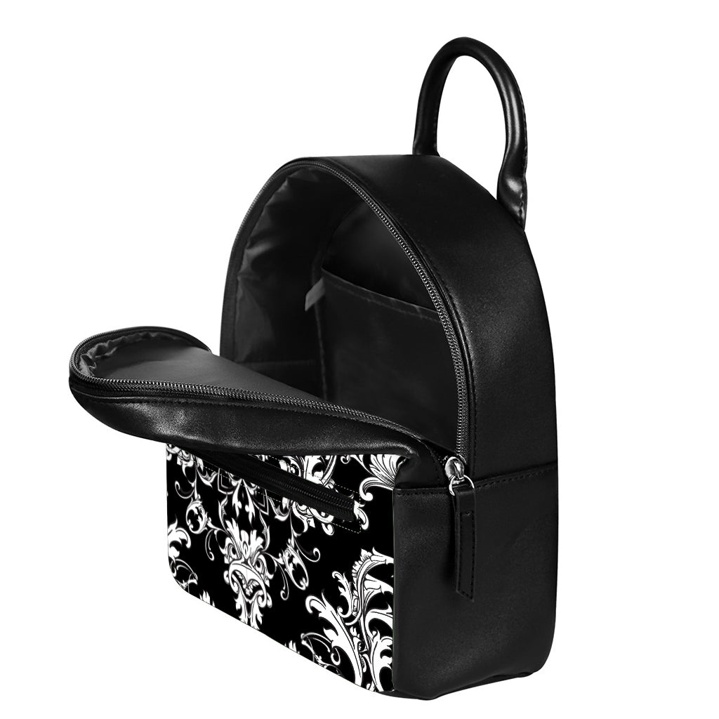 Black And White Damask Pattern Print Leather Backpack