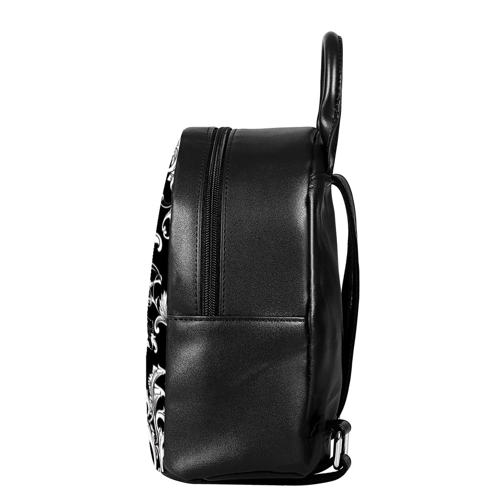 Black And White Damask Pattern Print Leather Backpack