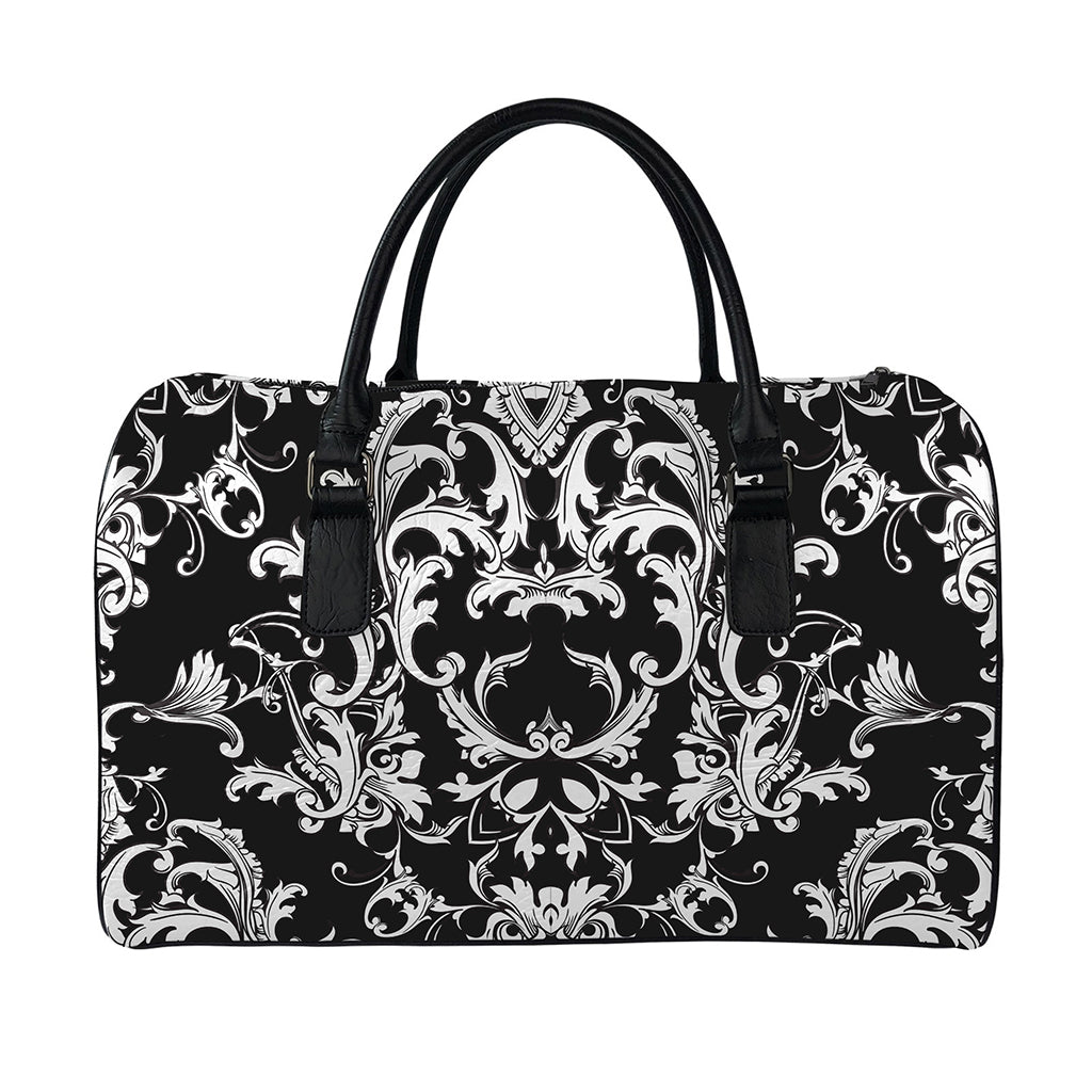Black And White Damask Pattern Print Leather Duffle Bag