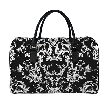 Black And White Damask Pattern Print Leather Duffle Bag