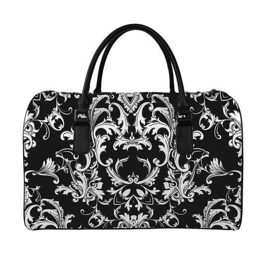 Black And White Damask Pattern Print Leather Duffle Bag