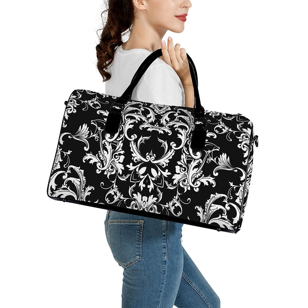 Black And White Damask Pattern Print Leather Duffle Bag