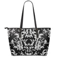Black And White Damask Pattern Print Leather Tote Bag With Zipper