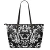 Black And White Damask Pattern Print Leather Tote Bag