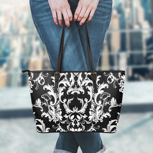Black And White Damask Pattern Print Leather Tote Bag