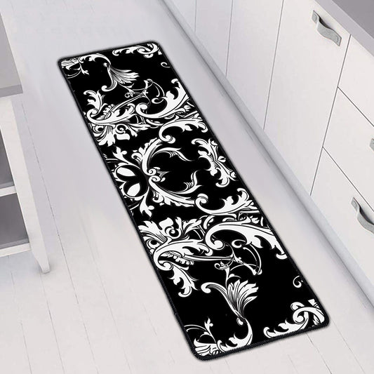 Black And White Damask Pattern Print Long Kitchen Mat