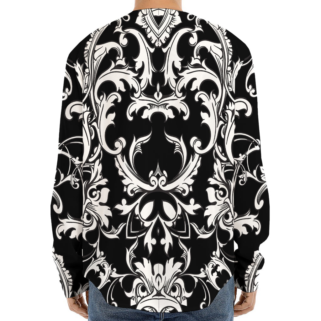 Black And White Damask Pattern Print Long Sleeve Baseball Jersey