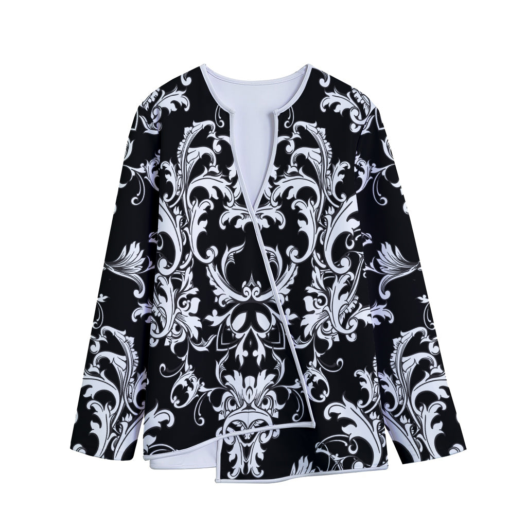 Black And White Damask Pattern Print Long Sleeve Short Coat