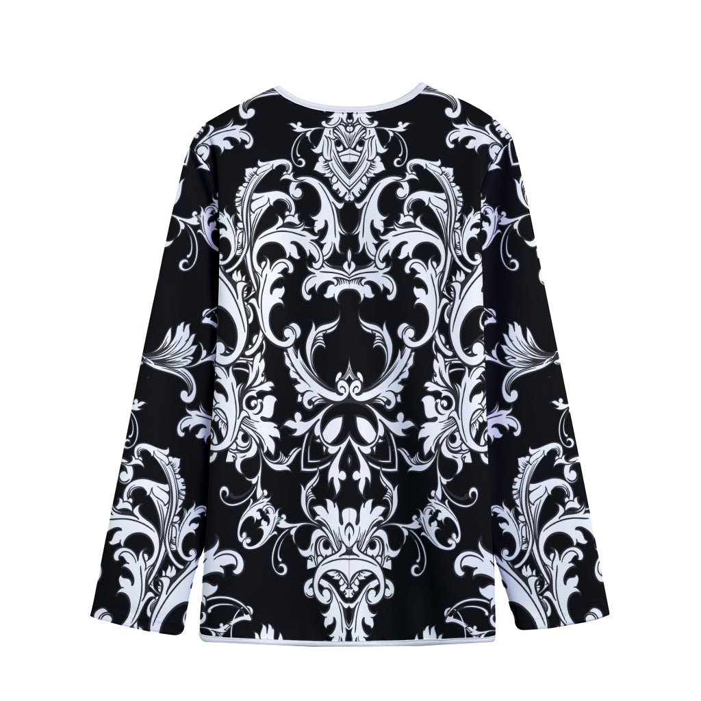 Black And White Damask Pattern Print Long Sleeve Short Coat