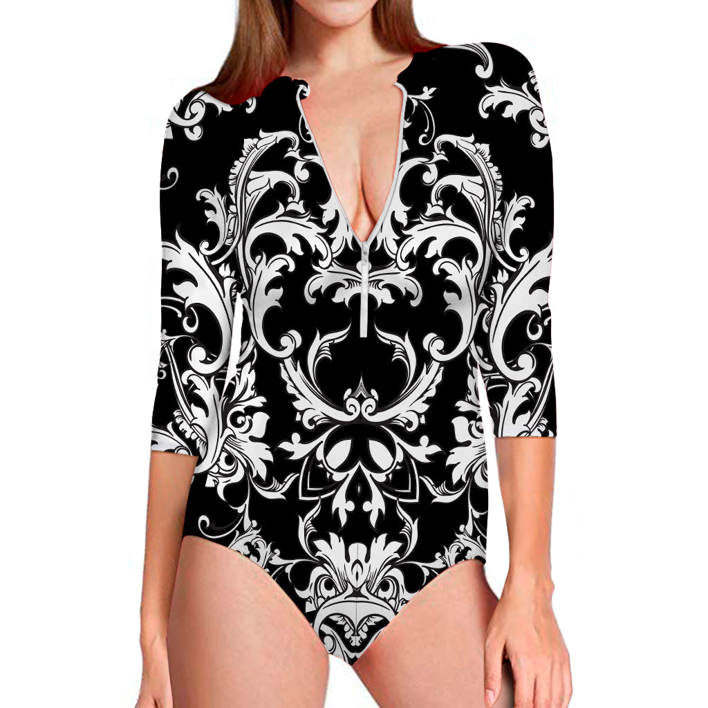 Black And White Damask Pattern Print Long Sleeve Swimsuit
