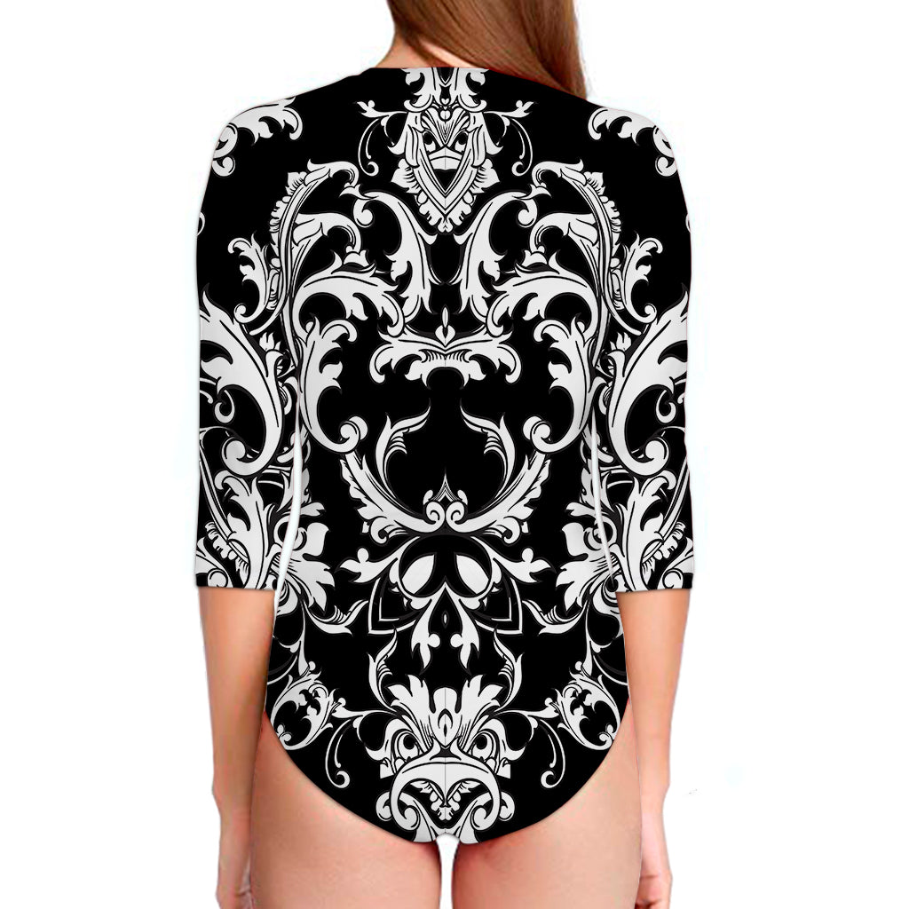 Black And White Damask Pattern Print Long Sleeve Swimsuit