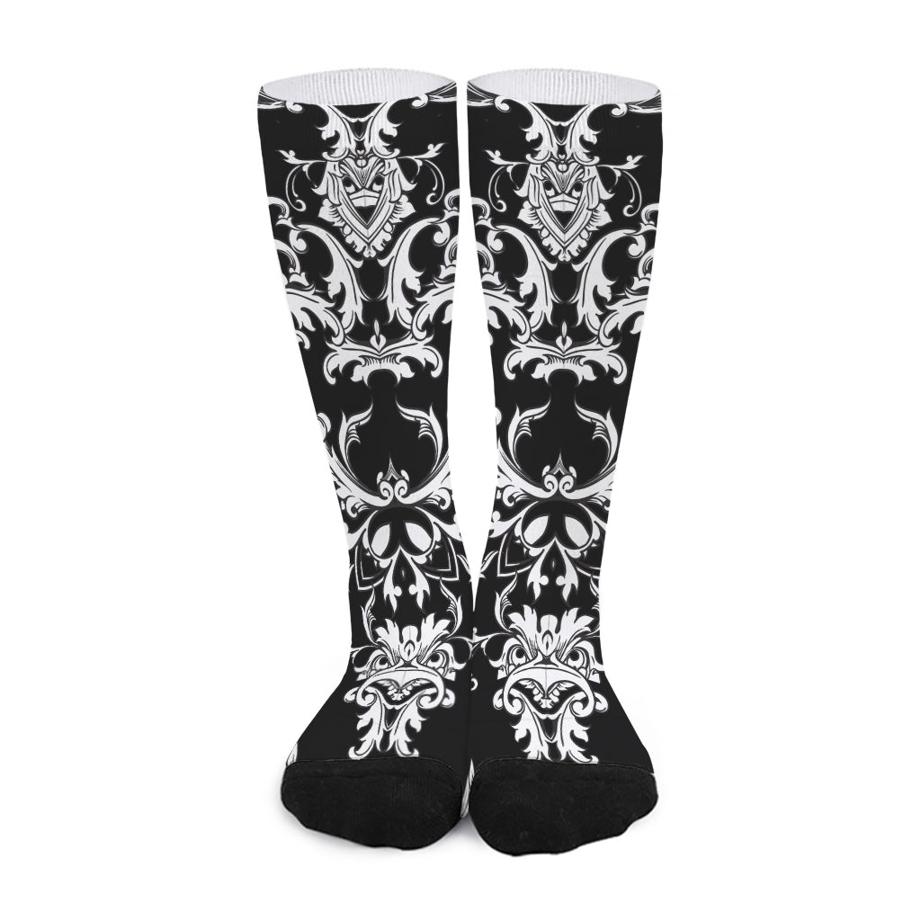 Black And White Damask Pattern Print Long Socks