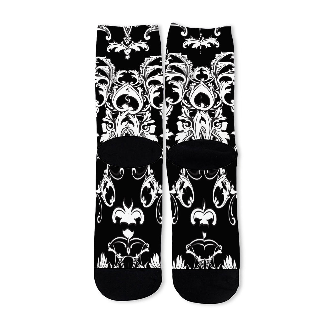 Black And White Damask Pattern Print Long Socks