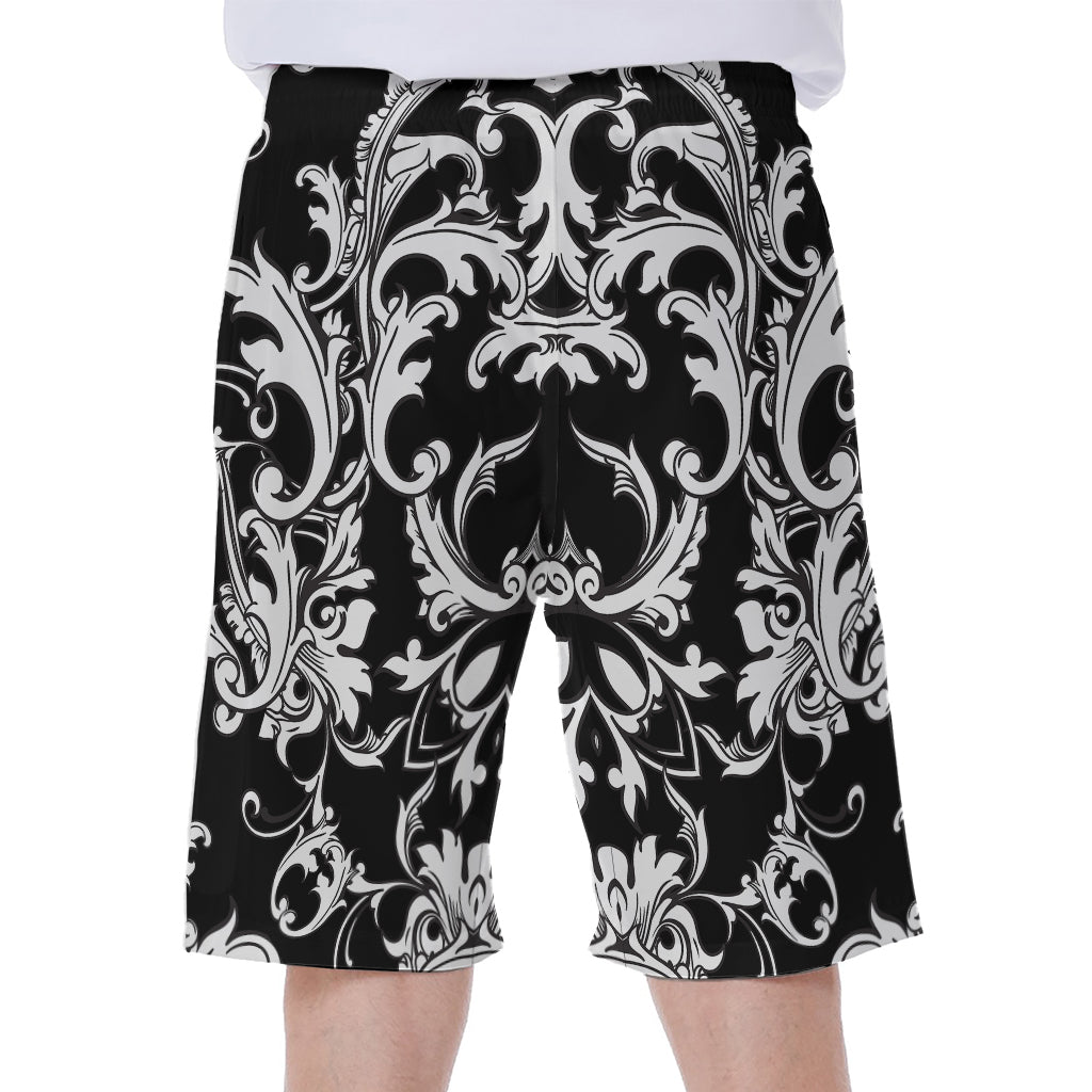 Black And White Damask Pattern Print Men's Beach Shorts