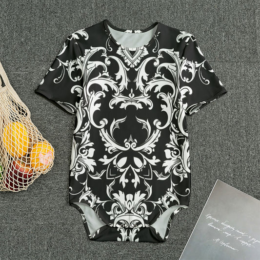 Black And White Damask Pattern Print Men's Bodysuit