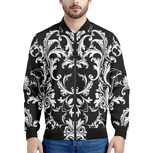Black And White Damask Pattern Print Men's Bomber Jacket