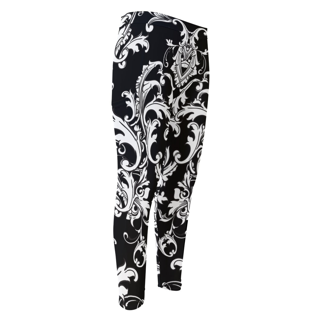 Black And White Damask Pattern Print Men's Compression Pants