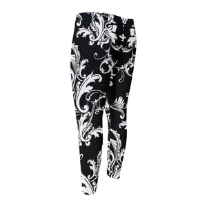 Black And White Damask Pattern Print Men's Compression Pants