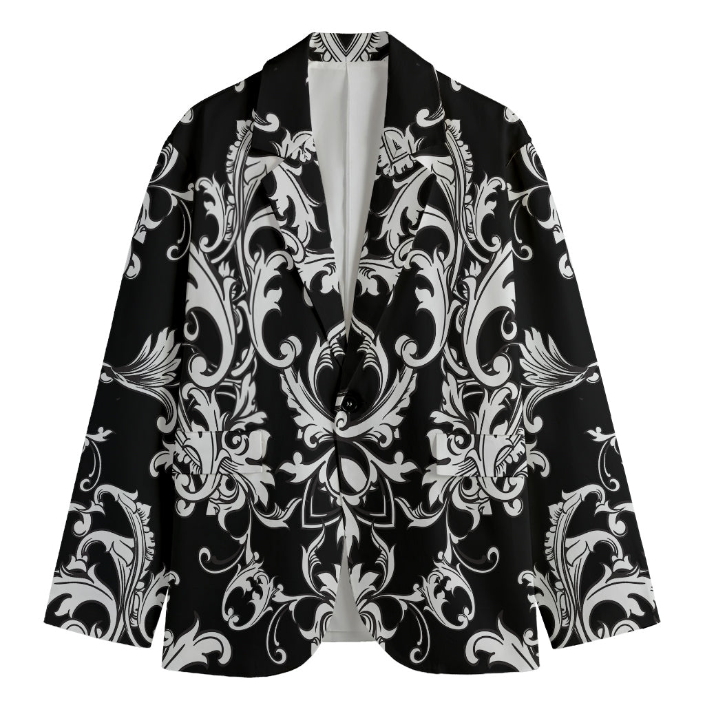 Black And White Damask Pattern Print Men's Cotton Blazer