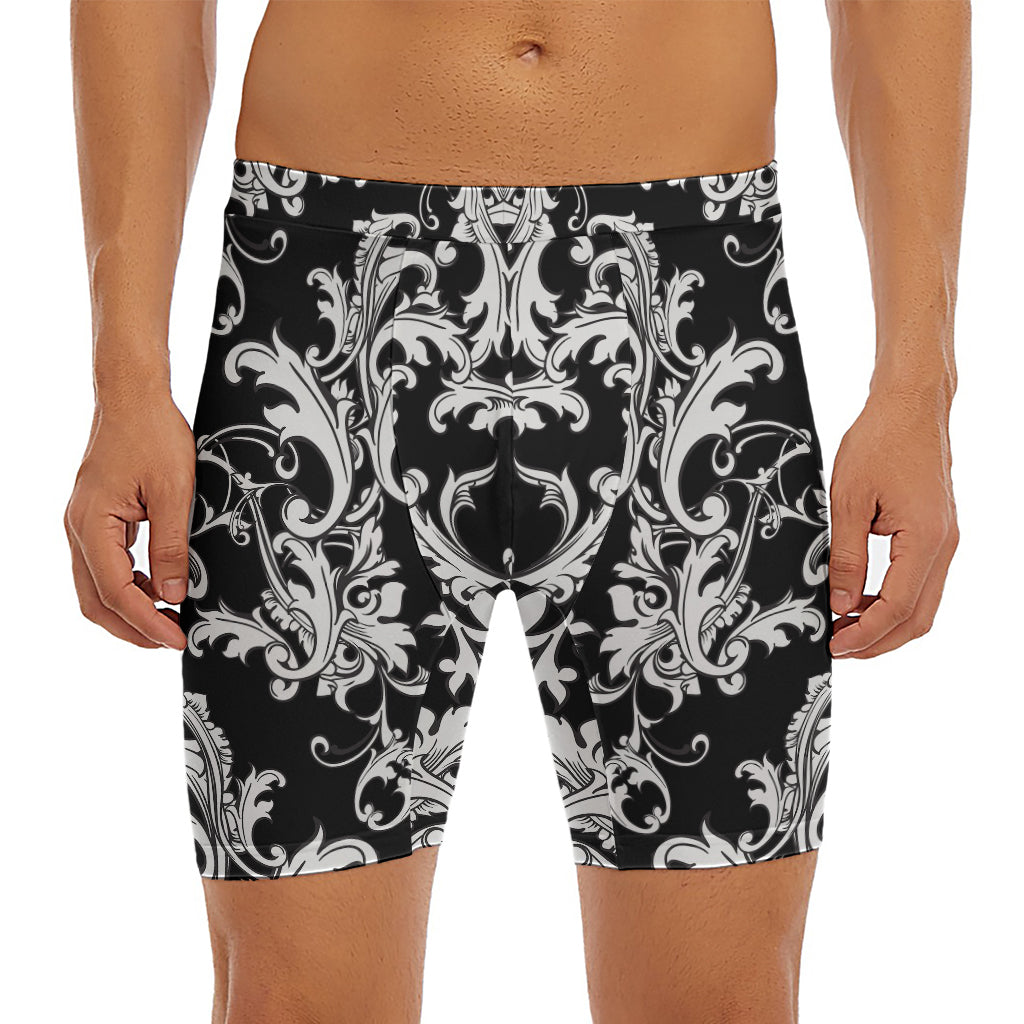 Black And White Damask Pattern Print Men's Long Boxer Briefs