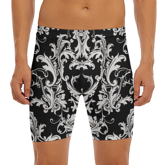 Black And White Damask Pattern Print Men's Long Boxer Briefs