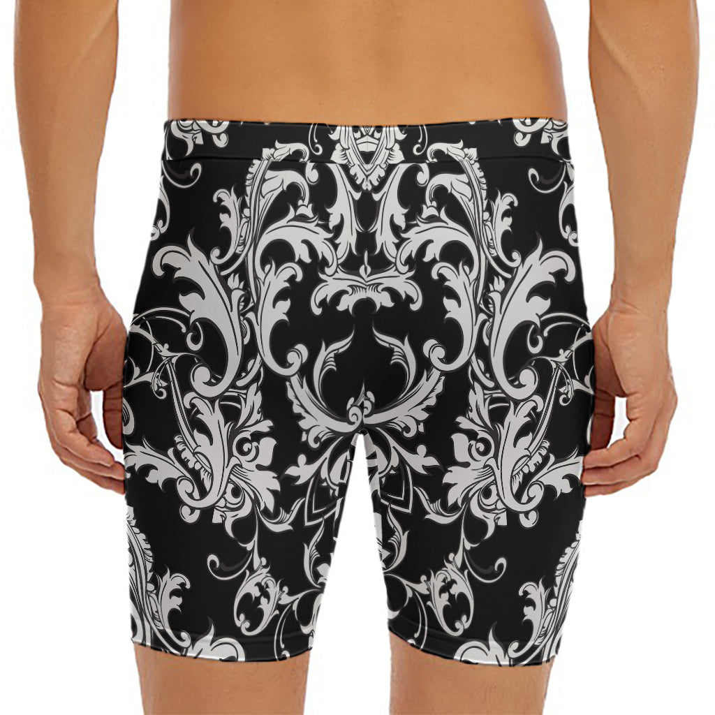 Black And White Damask Pattern Print Men's Long Boxer Briefs