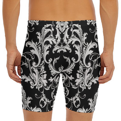 Black And White Damask Pattern Print Men's Long Boxer Briefs