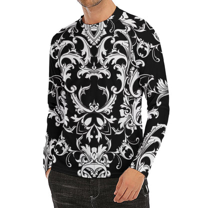 Black And White Damask Pattern Print Men's Long Sleeve Rash Guard