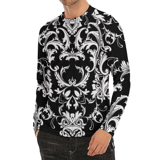Black And White Damask Pattern Print Men's Long Sleeve Rash Guard