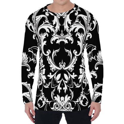 Black And White Damask Pattern Print Men's Long Sleeve T-Shirt