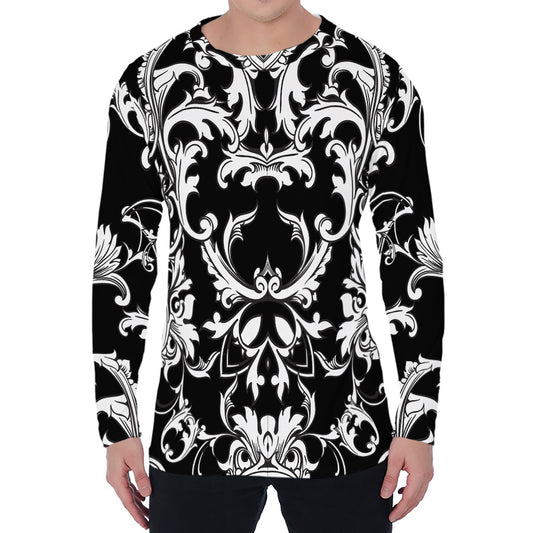 Black And White Damask Pattern Print Men's Long Sleeve T-Shirt