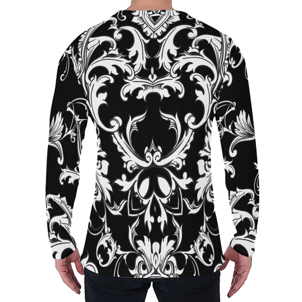 Black And White Damask Pattern Print Men's Long Sleeve T-Shirt