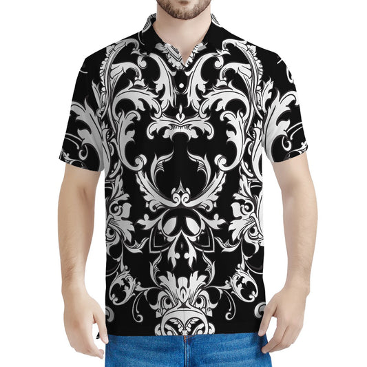 Black And White Damask Pattern Print Men's Polo Shirt